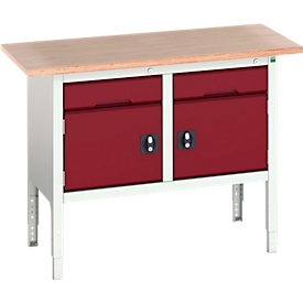 Etabli à caissons Bott verso, plateau en multiplex, 2 tiroirs et 2 portes, L 1500 x P 600 x H 830 - 930 mm, RAL 7035 gris clair / rouge pourpre