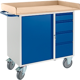 Établi avec armoire, bordure trilatérale en bois, 2 roues directionnelles/2 roues fixes