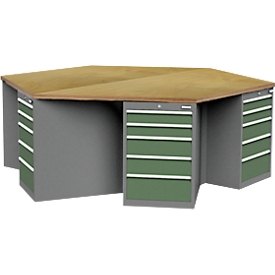 Etabli Bedrunka+Hirth, hexagonal, plateau de travail en multiplex hêtre, 6 armoires à tiroirs de 5 tiroirs chacune, verrouillables, L 2500 x P 2165 x H 859 mm