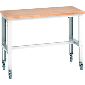 Etabli Bott Cubio, 4 roulettes pivotantes, réglable en hauteur, plateau en hêtre multiplex, L 1500 x P 750 mm, jusqu'à 300 kg, gris clair RAL 7035