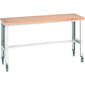 Etabli Bott Cubio, 4 roulettes pivotantes, réglable en hauteur, plateau en hêtre multiplex, L 2000 x P 750 mm, jusqu'à 300 kg, gris clair RAL 7035