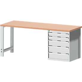 Etabli Bott cubio, avec armoire à tiroirs, bois de hêtre rouge, L 2000 x P 750 x H 840 mm, 700 kg, gris clair RAL 7035