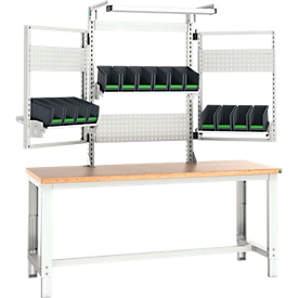Établi Bott cubio, avec cadre de réception et cadre pivotant, lampe, plateau multiplex en hêtre, jusqu'à 800 kg, L 2000 x P 750 mm, gris clair