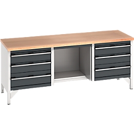 Etabli Bott Cubio, plateau en hêtre multiplex, L 2000 x P 750 x H 840 mm, jusqu'à 600 kg, gris clair/anthracite
