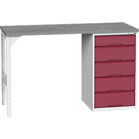 Établi Bott verso, plateau en linoléum, 5 tiroirs, L 1500 x P 600 x H 930 mm, gris clair / rouge pourpre