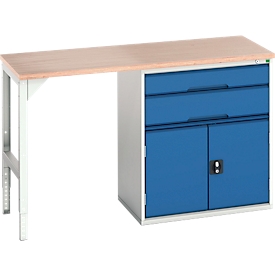 Établi Bott verso, plateau en multiplex, 2 tiroirs, 1 porte, 1 tablette, L 1500 x P 600 x H 930 mm, gris clair / bleu gentiane