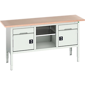 Établi Bott verso, plateau en multiplex, 2 tiroirs, 1 tablette, 2 portes, L 1750 x P 600 x H 830 - 930 mm, gris clair
