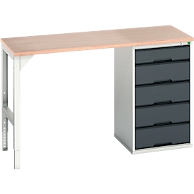 Établi Bott verso, plateau en multiplex, 5 tiroirs, L 1500 x P 600 x H 930 mm, gris clair / gris anthracite