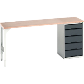 Établi Bott verso, plateau en multiplex, 5 tiroirs, L 2000 x P 600 x H 930 mm, gris clair / gris anthracite