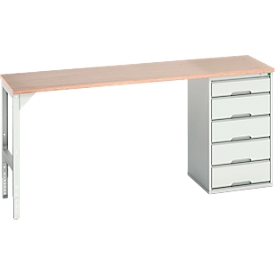 Établi Bott verso, plateau en multiplex, 5 tiroirs, L 2000 x P 600 x H 930 mm, gris clair