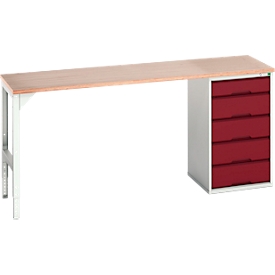 Établi Bott verso, plateau en multiplex, 5 tiroirs, L 2000 x P 600 x H 930 mm, gris clair / rouge pourpre