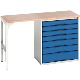Établi Bott verso, plateau en multiplex, 7 tiroirs, L 1500 x P 600 x H 930 mm, gris clair / bleu gentiane
