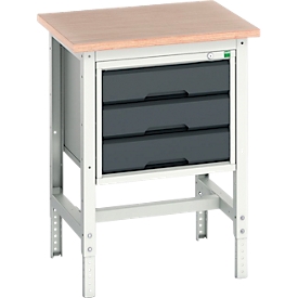 Etabli Bott verso, plateau en multiplex, avec jeu d'entretoises, 3 tiroirs, L 700 x P 600 x H 780 - 930 mm, gris clair / gris anthracite
