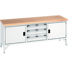 Établi cubio Bott, avec 3 tiroirs, châssis en acier, plateau en hêtre multiplex, L 2000 x P 750 x H 840 mm, gris clair/gris lumière
