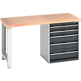 Etabli cubio Bott, avec armoire à tiroirs, plateau multiplex en hêtre, L 1500 x P 750 x H 840 mm, capacité de charge 1200 kg, acier, anthracite/gris clair
