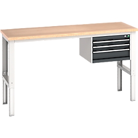 Etabli cubio Bott, réglable en hauteur manuellement, plateau en hêtre multiplex, L 2000 x H 740-1140 mm, charge max. 600 kg, 3 tiroirs, anthracite/gris clair RAL 7035