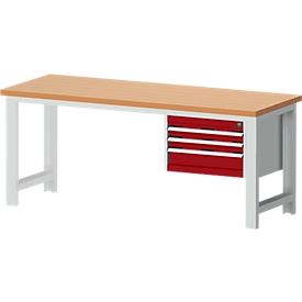Etabli cubio Bott, réglable en hauteur manuellement, plateau en hêtre rouge 40 mm, L 2000 x P 750 x H 740-1140 mm, acier, gris clair/pourpre, 3 tiroirs, charge max. 1200 kg