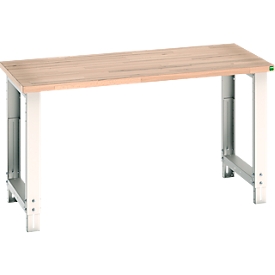Etabli cubio Bott, réglage en hauteur manuel, plateau en hêtre multiplex, L 1500 x P 750 x H 740-1140 mm, jusqu'à 800 kg, gris clair/bleu enzanium