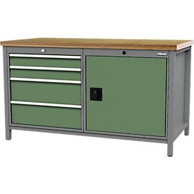Établi en caisson Bedrunka+Hirth, plateau de travail en multiplex hêtre, 4 tiroirs &amp; 1 porte battante + tablette, verrouillable, jusqu'à 1000 kg, L 1500 x P 750 x H 859 mm