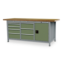 Etabli en caisson Bedrunka+Hirth, plateau de travail en multiplex hêtre, 8 tiroirs &amp; 1 porte battante + tablette, verrouillable, jusqu'à 1000 kg, L 2000 x P 750 x H 859 mm