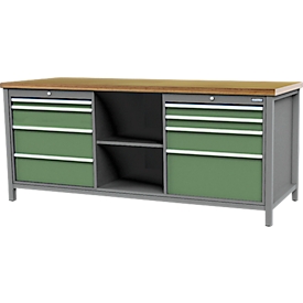 Établi en caisson Bedrunka+Hirth, plateau de travail en multiplex hêtre, 8 tiroirs + espace de rangement avec tablette, verrouillable, jusqu'à 1000 kg, L 2000 x P 750 x H 859 mm
