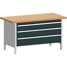 Établi en caisson cubio Bott, capacité de charge 1 200 kg, plateau de travail en hêtre rouge 40 mm, 3 tiroirs, L 1500 x P 750 x H 840 mm, gris clair/gris anthracite