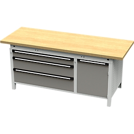 Établi large Otto Kind, type 435, plateau en hêtre multiplex, à rebords, charge maximale 1 400 kg, L 2 004 x P 750 x H 850 mm, acier, verrouillage central, gris clair/gris poussière