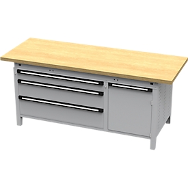 Établi large Otto Kind, type 435, plateau en multiplex de hêtre, à débord, jusqu'à 1 400 kg, L 2 004 x P 750 x H 850 mm, acier, verrouillage central, aluminium blanc/aluminium blanc