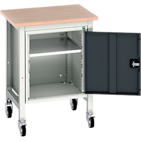 Etabli mobile Bott verso, plateau en multiplex, 1 porte & 1 tablette, roulettes, L 700 x P 600 x H 930 mm, RAL 7035 gris clair / gris anthracite