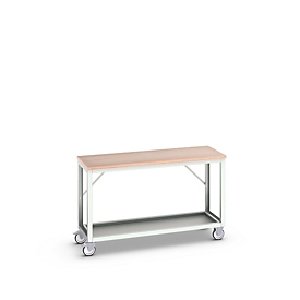 Etabli mobile Bott verso, plateau en multiplex, 1 tablette, avec jeu d'entretoises, L 1500 x P 600 x H 930 mm, gris clair RAL 7035