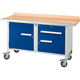 Etabli mobile Schäfer Shop Select PWi 150-3, plateau en hêtre multiplex, avec chant en acier, jusqu'à 400 kg, L 1500 x P 700 x H 840 mm