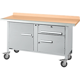 Etabli mobile Schäfer Shop Select PWi 150-3, plateau en hêtre multiplex, avec chant en acier, jusqu'à 400 kg, L 1500 x P 700 x H 840 mm