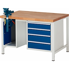 Établi modèle 8185, 4 tiroirs, armoire avec porte coulissante, étau inclus, l. 1500 x P 700