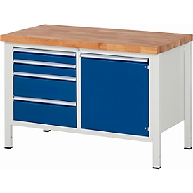 Établi série 8470, 4 tiroirs, 1 étagère avec porte, l. 1500 x P 700 x H 840 – 1040 mm
