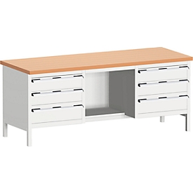 Etablis Bott, plan de travail en hêtre rouge massif, L 2000 x P 750 x H 840 mm, charge max. 1250 kg, gris clair