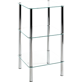Étagère HAKU, 2 compartiments pouvant chacun supporter jusqu'à 5 kg, L 390 x P 390 x H 770 mm, acier/verre de sécurité ESG, chromé/transparent