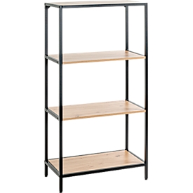Étagère HAKU, 4 tablettes supportant chacune jusqu'à 15 kg, L 640 x P 350 x H 1290 mm, acier/bois, noir/décor chêne clair