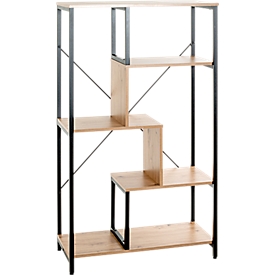 Étagère HAKU, 4 tablettes supportant chacune jusqu'à 40 kg, L 740 x P 350 x H 1320 mm, acier/bois, noir/décor chêne clair
