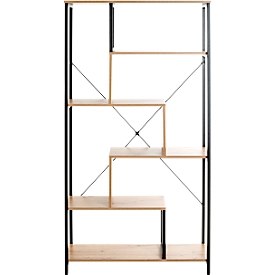 Étagère HAKU, 5 tablettes supportant chacune jusqu'à 50 kg, L 840 x P 350 x H 1630 mm, acier/bois, noir/décor chêne clair