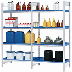 Etagère supplémentaire RWW 1044 pour les rayonnages pour produits dangereux asecos RWW 1044, L 1010 x P 440 x H 2000 mm, avec 4 étagères de 20 l en acier peint