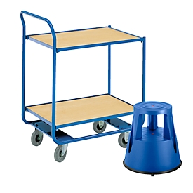 Etagewagen, 2 etages, L 760 x B 520 mm, draagvermogen 150 kg + verrijdbaar opstapje, blauw, gratis