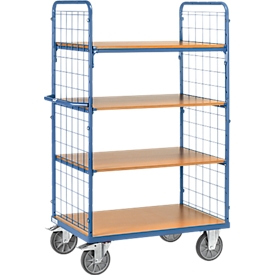 Etagewagen, 4 houten legborden, tot 600 kg, 2-zijdige roosterwanden, 1000 x 600 mm, blauw