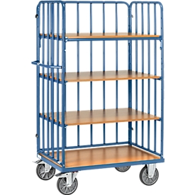 Etagewagen, 4 houten legborden, tot 600 kg, beugels aan 3 zijden, 1000 x 600 mm, staal, blauw