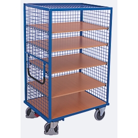 Etagewagen met draadgaas, staal/MDF-plaat, decor gentiaanblauw/beuken, 5 etages, 1045 x 685 mm, 3 wanden en dak, EasySTOP, tot 500 kg