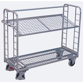 Etagewagen, staal/gaas, zilver, 2 etages, 1355 x 550 mm, 2 kopwanden met ronde stalen verstevigingen, EasySTOP, tot 250 kg