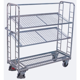 Etagewagen, staal/gaas, zilver, 3 etages, 1400 x 550 mm, 2 kopwanden met ronde stalen verstevigingen, EasySTOP, tot 250 kg