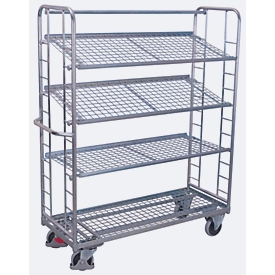 Etagewagen, staal/gaas, zilver, 4 etages, 1650 x 650 mm, 2 kopwanden met ronde stalen verstevigingen, EasySTOP, tot 400 kg
