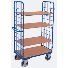 Etagewagen, staal/MDF-plaat, decor gentiaanblauw/beuken, 1 etage, 850 x 500 mm, 2 eindborden van draadgaas, EasySTOP, tot 400 kg