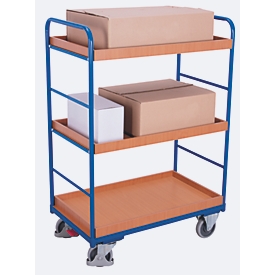 Etagewagen, staal/MDF-plaat, decor gentiaanblauw/beuken, 3 etages, 815 x 455 mm, EasySTOP, tot 250 kg