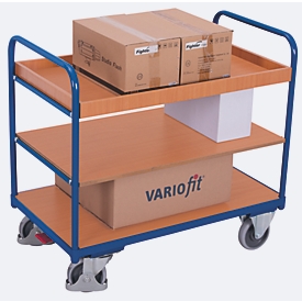 Etagewagen, staal/MDF-plaat, decor gentiaanblauw/beuken, 3 etages, 850 x 500 mm, EasySTOP, tot 250 kg